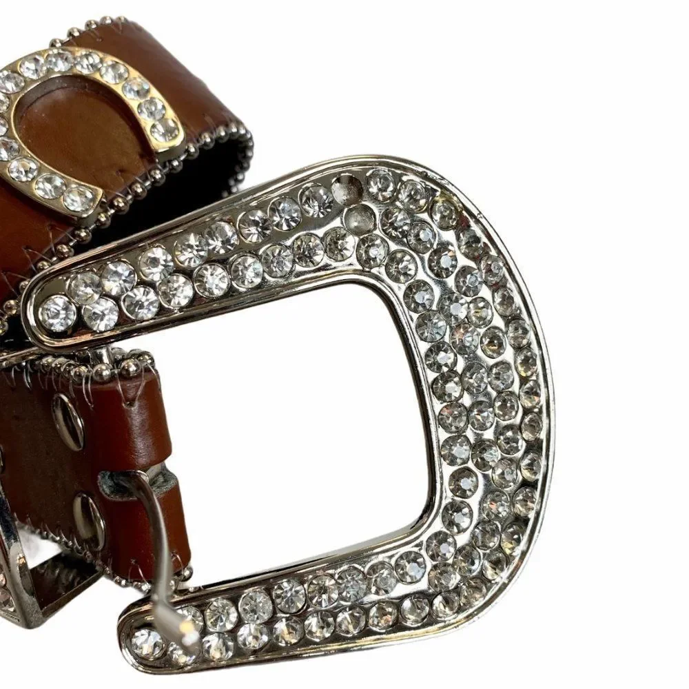 BROWN leather rhinestone horse shoe embellished